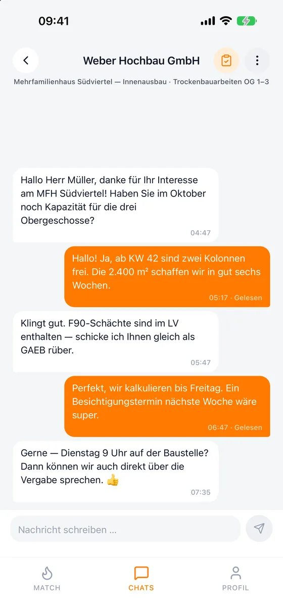 Chat zwischen Auftraggeber und Nachunternehmer