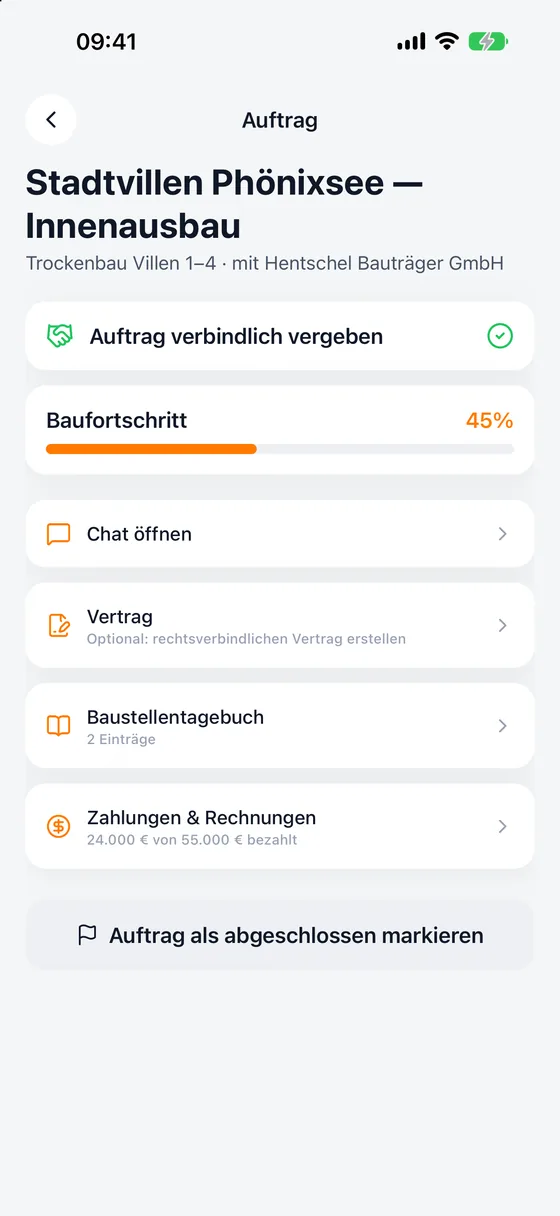 Auftrags-Dashboard mit Baufortschritt, Vertrag und Zahlungen