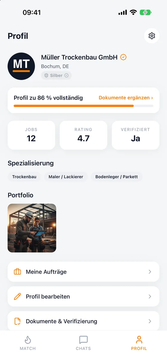 Firmenprofil mit Trust-Level und Bewertungen