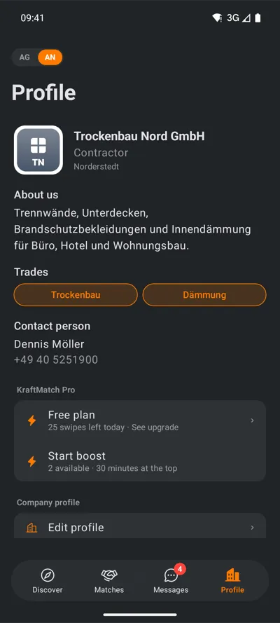 Android: cégprofil szakágakkal és KraftMatch Pro csomaggal