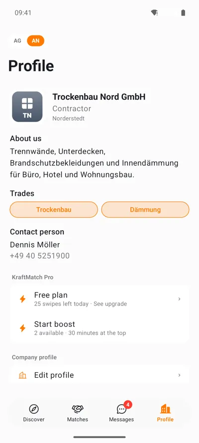 Android: cégprofil szakágakkal és KraftMatch Pro csomaggal