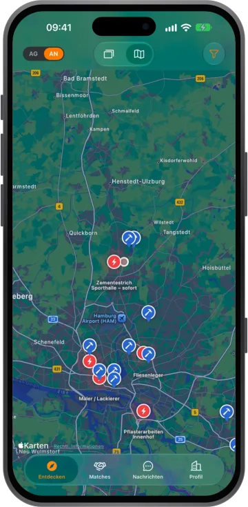 Kartenansicht mit Auftrags-Pins rund um Hamburg