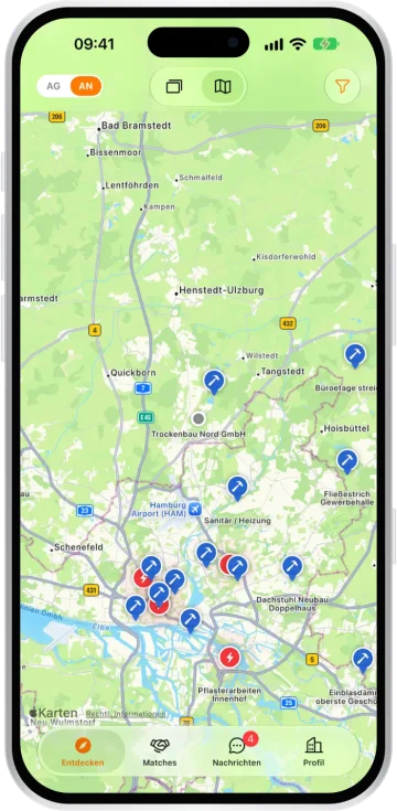 Kartenansicht mit Auftrags-Pins rund um Hamburg