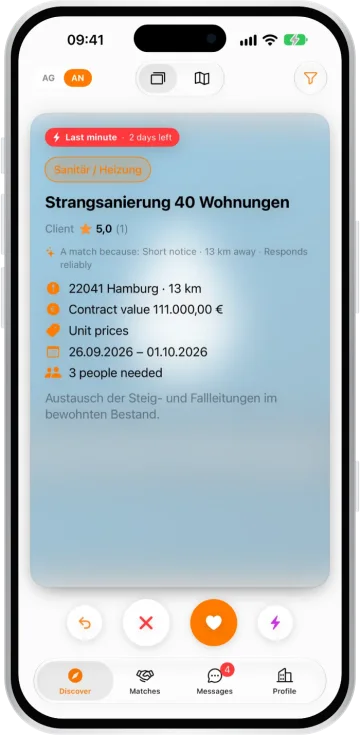 KraftMatch iPhone-on: „Strangfelújítás 40 lakásban” megbízáskártya szakággal, megbízási összeggel és időszakkal