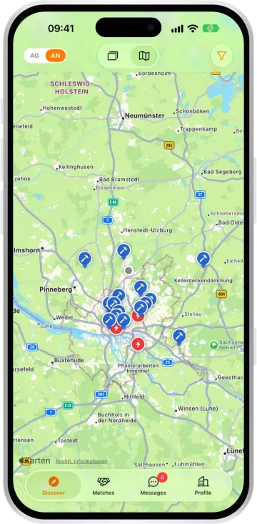 Térképnézet megbízásjelölőkkel Hamburg környékén