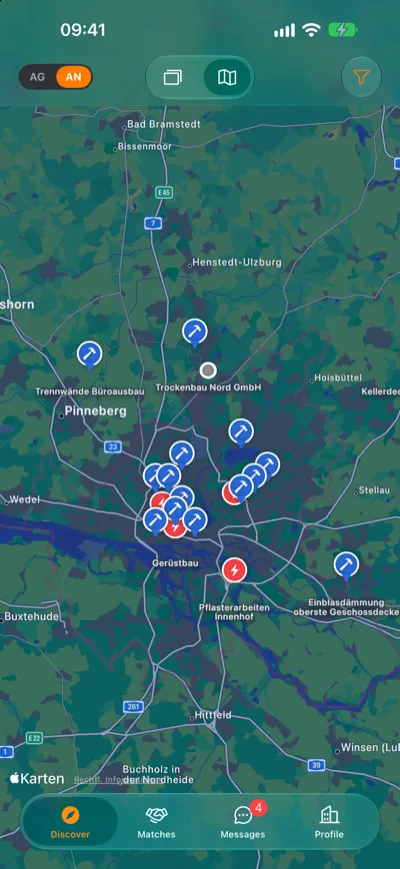 Térképnézet megbízásjelölőkkel Hamburg környékén