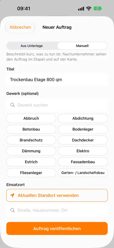 Formular Neuer Auftrag mit Gewerkauswahl und Einsatzort
