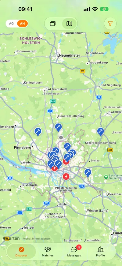 Térképnézet megbízásjelölőkkel Hamburg környékén